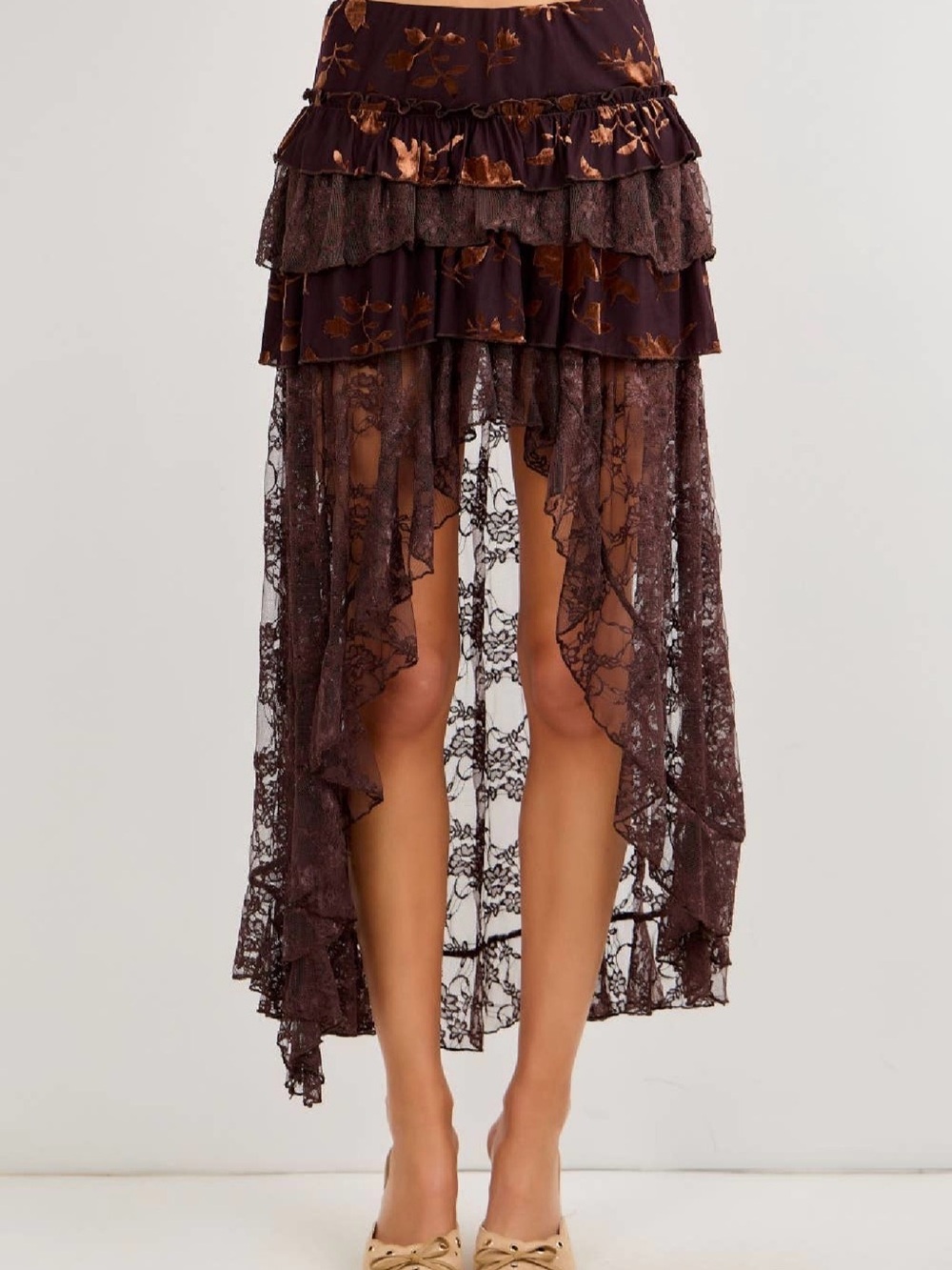 Tiered Lace Hi-Low Skirt in Dark Brown
